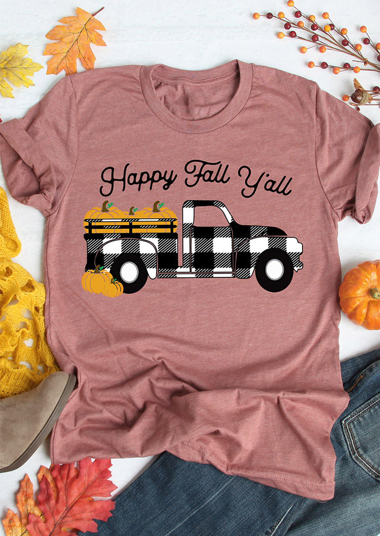 T-shirts Tees Happy Fall Y'all Pumpkin Plaid T-Shirt Tee - Cameo Brown in Brown. Size: L,M,S,XL