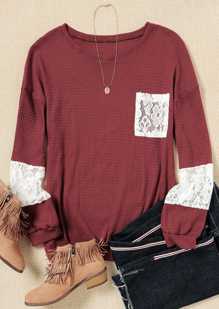 

Blouses Lace Splicing Pocket Long Sleeve O-Neck Blouse in Plum. Size