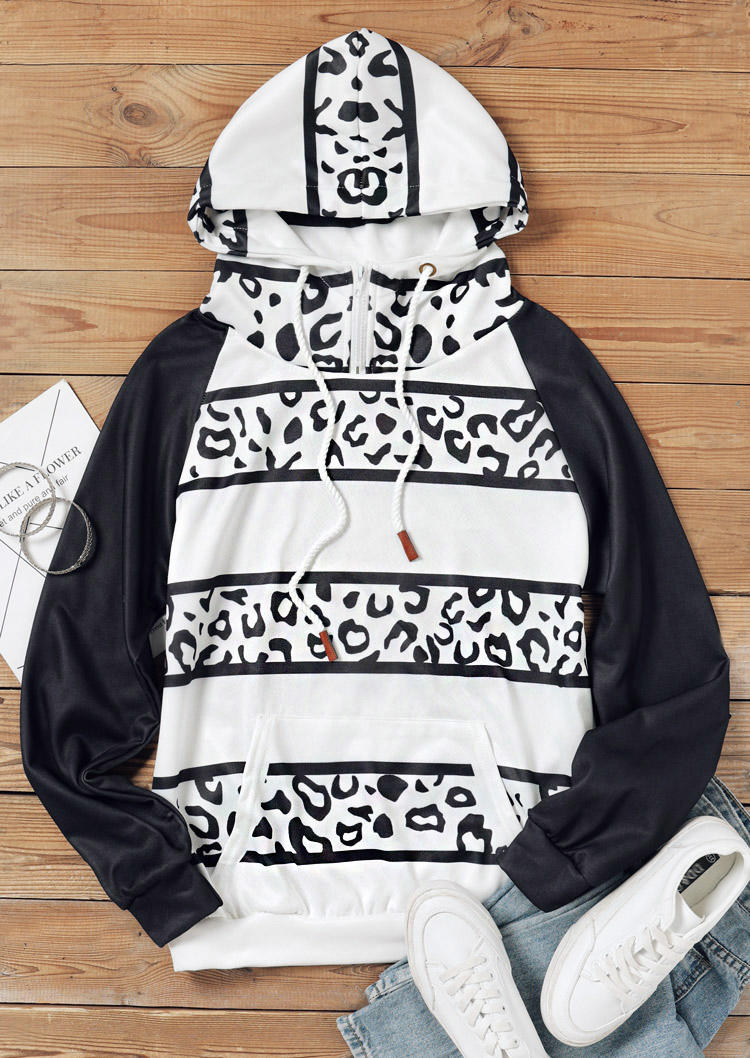 

Hoodies Leopard Zipper Splicing Turtleneck Hoodie in White. Size