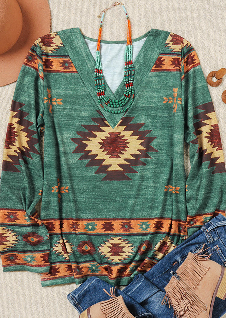 Blouses Aztec Geometric Western V-Neck Blouse in Green. Size: L,M,S,XL
