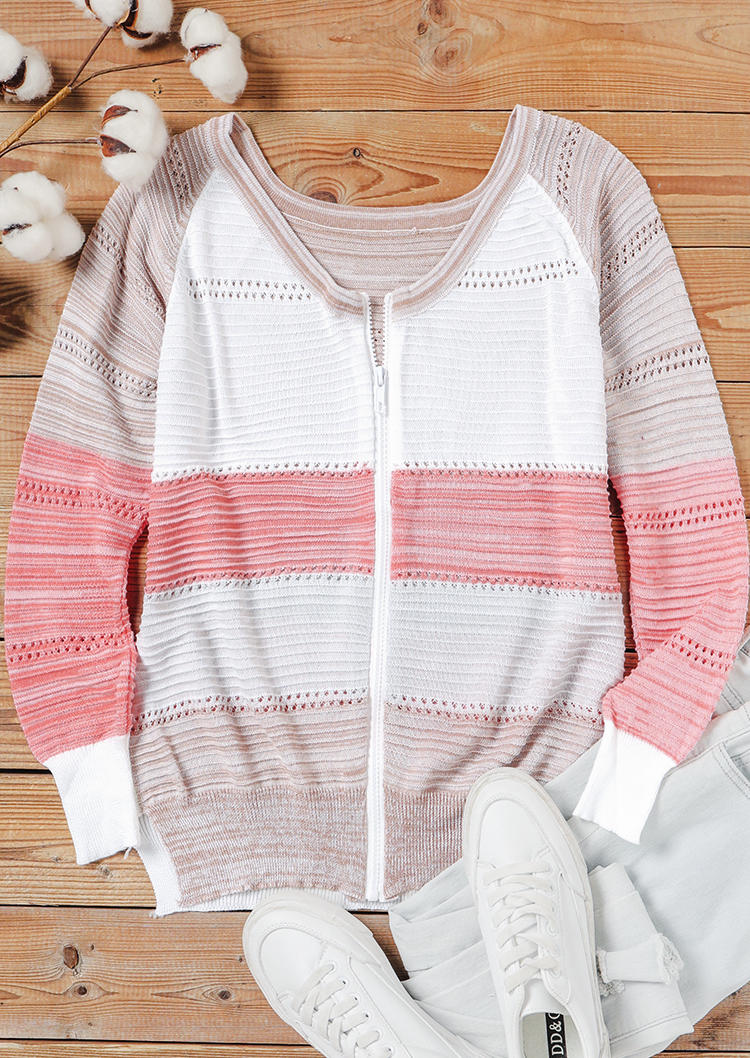 

Sweaters Color Block Zipper Hollow Out Long Sleeve Coat Sweater in Multicolor. Size