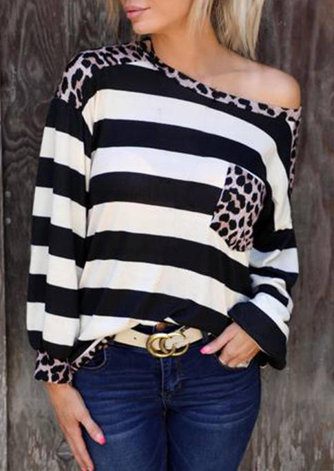 Leopard Striped Splicing Pocket Casual Blouse