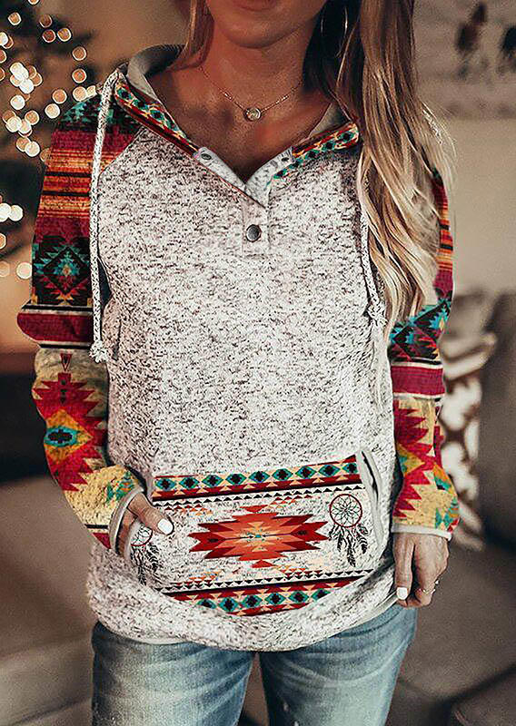 

Hoodies Aztec Geometric Button Kangaroo Pocket Hoodie in Multicolor. Size