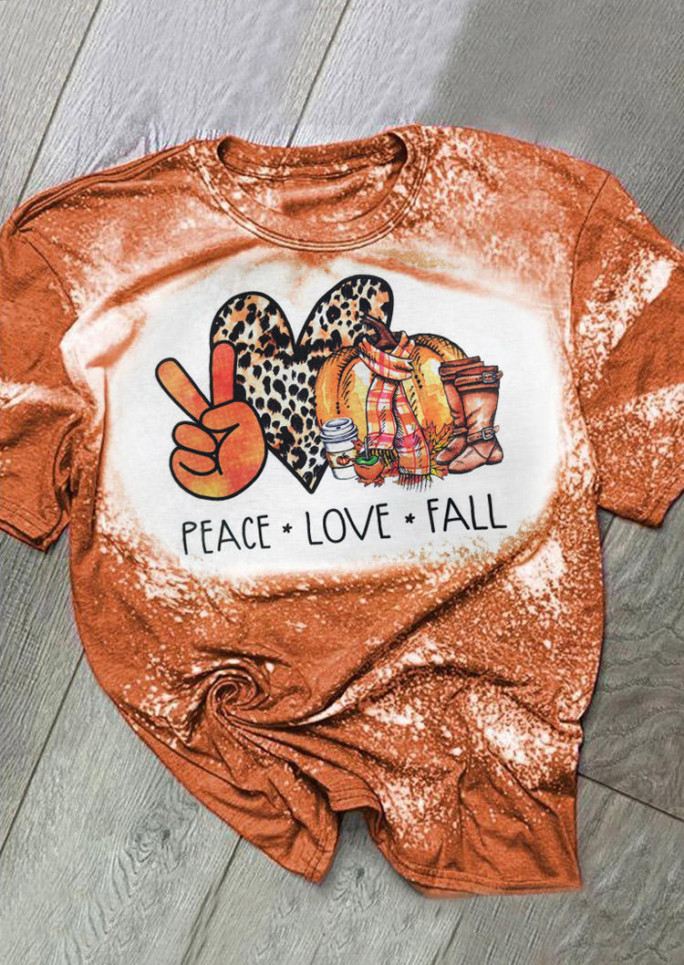 T-shirts Tees Peace Love Fall Leopard Pumpkin Heart Bleached T-Shirt Tee in Orange. Size: L,S