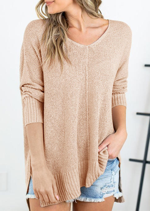 

Sweaters Slit Pullover Long Sleeve Sweater in Apricot. Size: ,XL