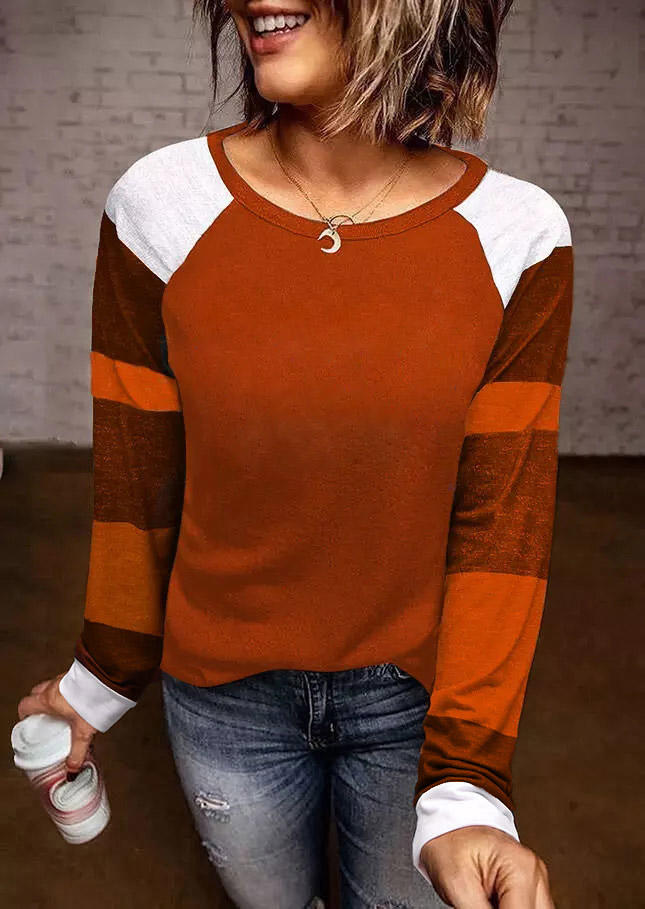 Color Block O-Neck Long Sleeve Blouse - Brick Red