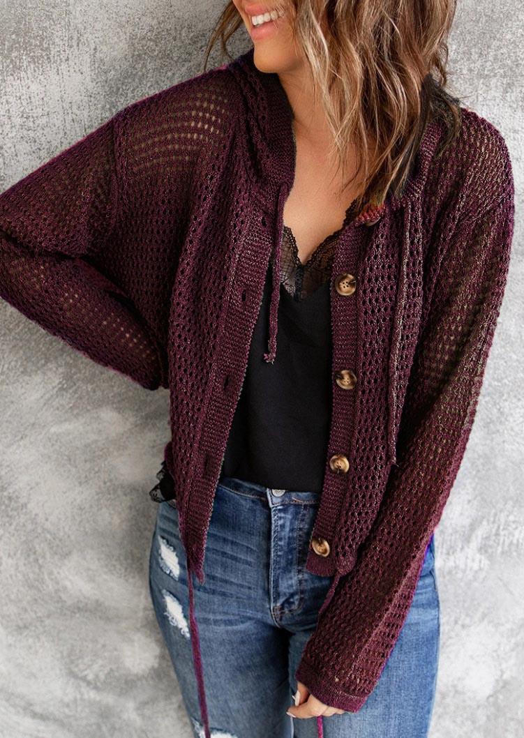 

Coats Hollow Out Button Knitted Sweater Coat in Burgundy. Size