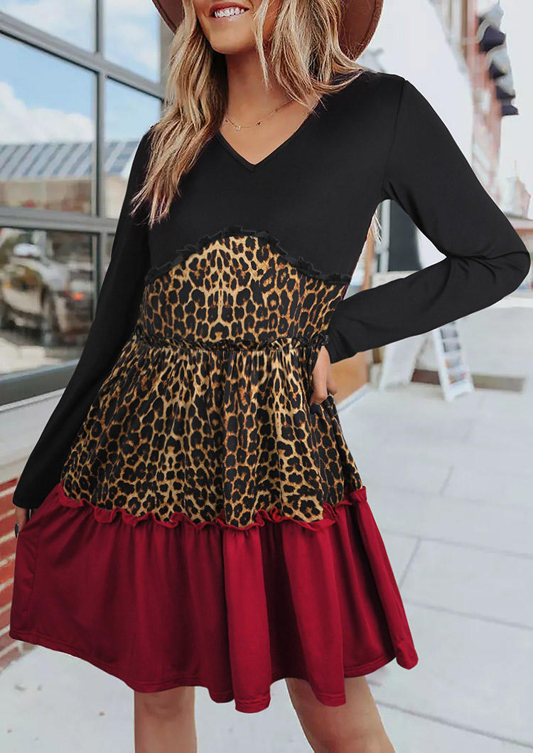 

Mini Dresses Leopard Color Block Long Sleeve Mini Dress in Multicolor. Size: ,M,L,XL