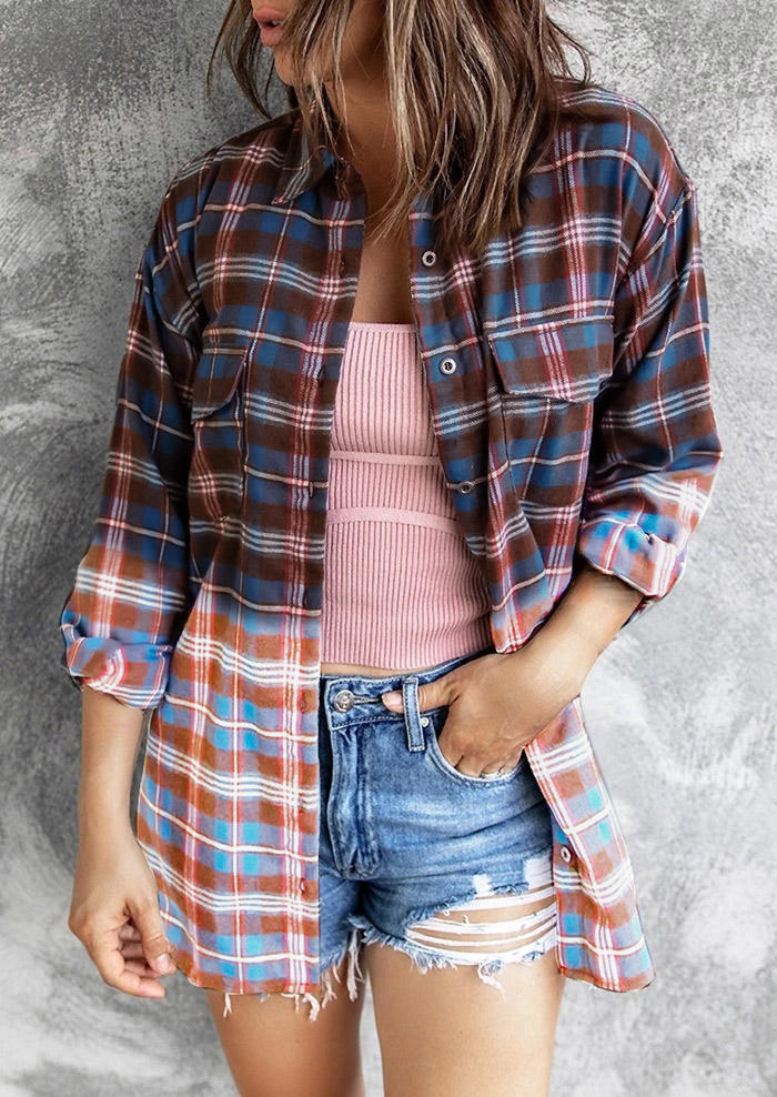 

Shirts Plaid Gradient Color Block Pocket Long Sleeve Shirt in Plaid. Size