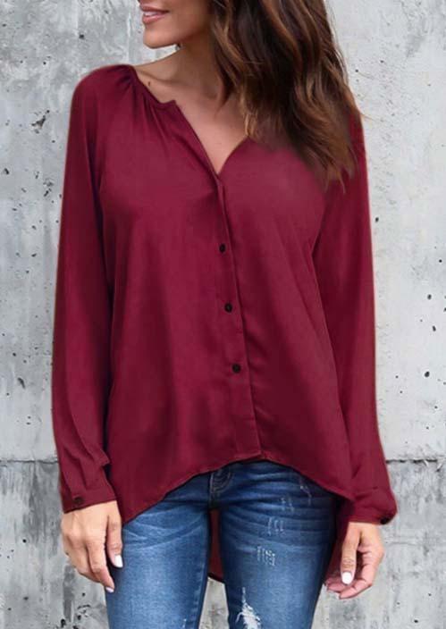 Blouses Ruffled Button Long Sleeve Blouse in Burgundy. Size: S