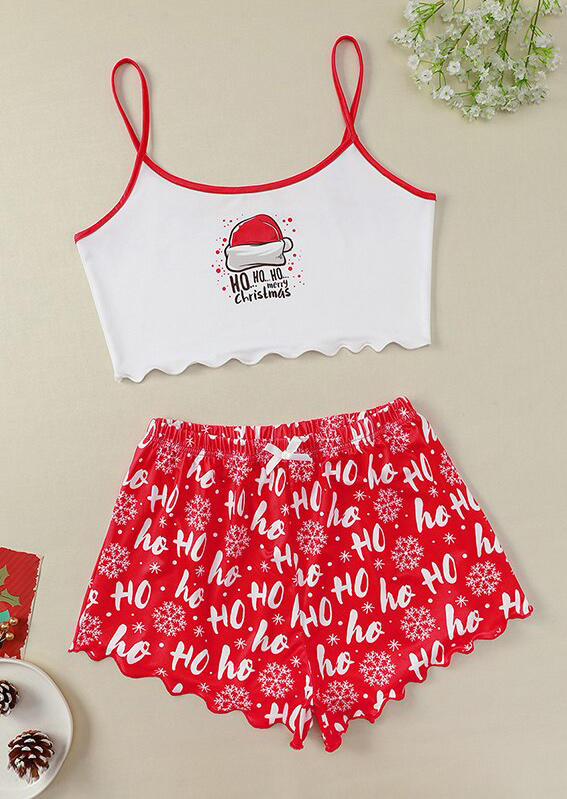 

Sleepwear Christmas Crop Top And Shorts Pajamas Set in White. Size