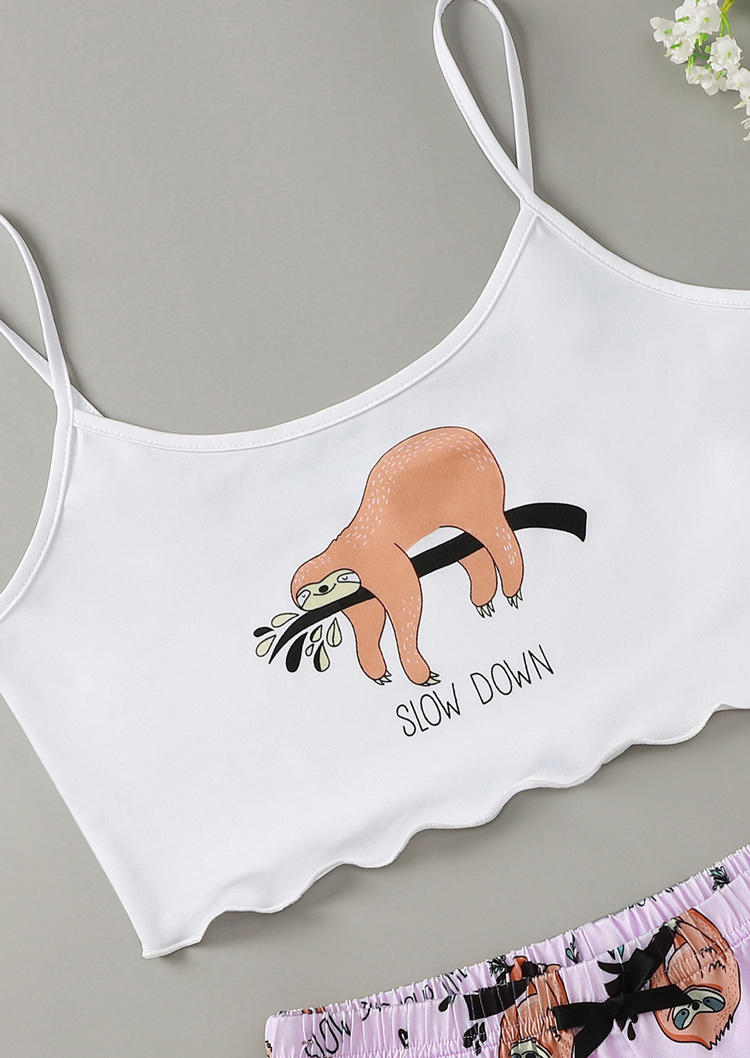 

Sleepwear Sloth Slow Down Crop Camisole And Shorts Pajamas Set in White. Size: ,M,L,XL