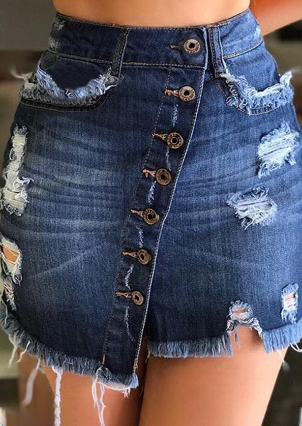 

Skirts Button Ripped Hole Frayed Hem Denim Skirt in Deep Blue. Size