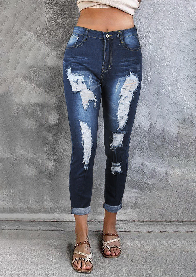 Ripped Hole Pocket Denim Jeans - Blue, 518268