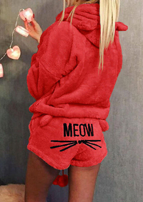 Sleepwear Fuzzy Cat Hoodie And Meow Shorts Pajamas Set in Pink. Size: L