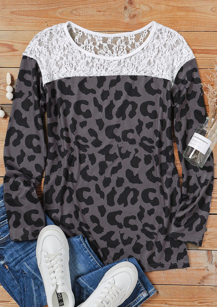 

Blouses Leopard Lace Splicing Long Sleeve Blouse in Leopard. Size