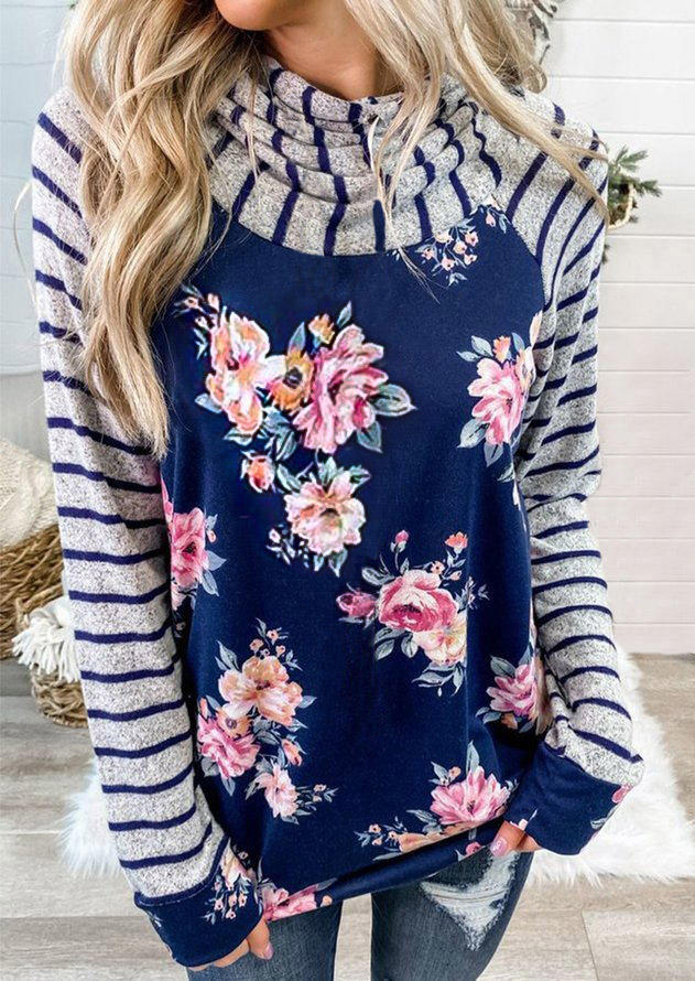 

Hoodies Striped Floral Splicing Long Sleeve Hoodie in Navy Blue. Size