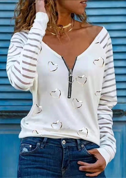 

Blouses Striped Heart Zipper Raglan Sleeve Blouse in White. Size