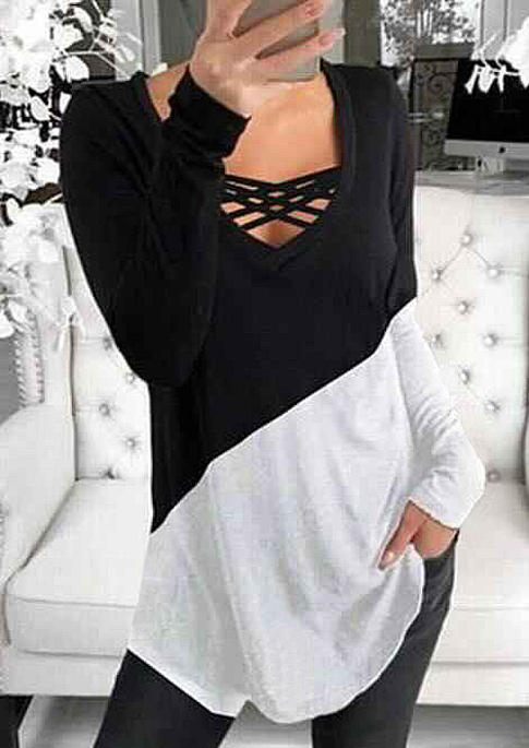 

Blouses Criss-Cross Color Block Long Sleeve Blouse in Black. Size