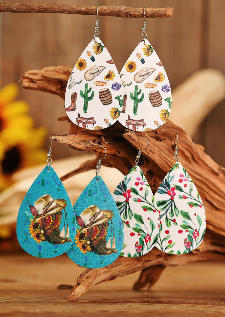 Earrings 3 Pairs/Set Aztec Geometric Pumpkin Cross Leather Earring Set in Green. Size: One Size