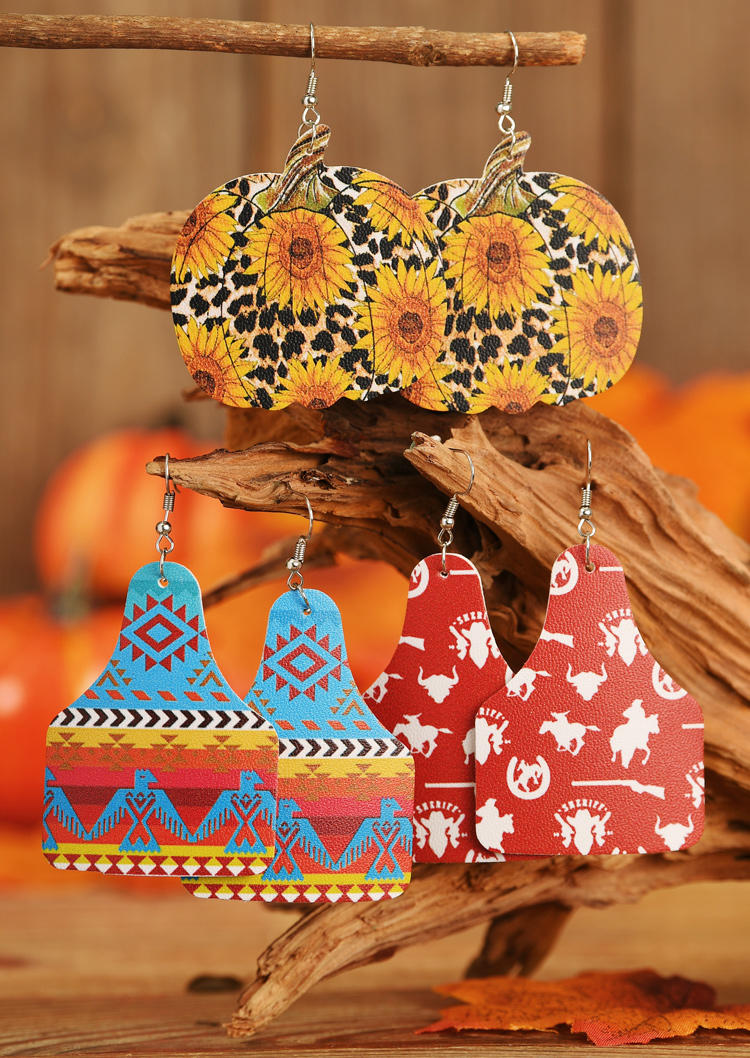 

Earrings 3 Pairs/Set Pumpkin Sunflower Leopard Leather Earring Set in Multicolor. Size
