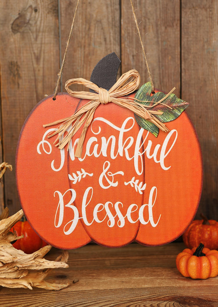 

Thankful Blessed Pumpkin Hanging Decoration in Orange. Size