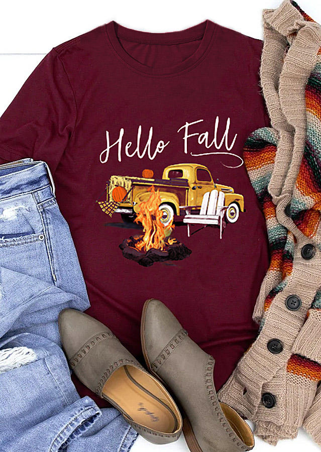 T-shirts Tees Hello Fall Pumpkin Fire Car T-Shirt Tee - Burgundy in Red. Size: L,M,S