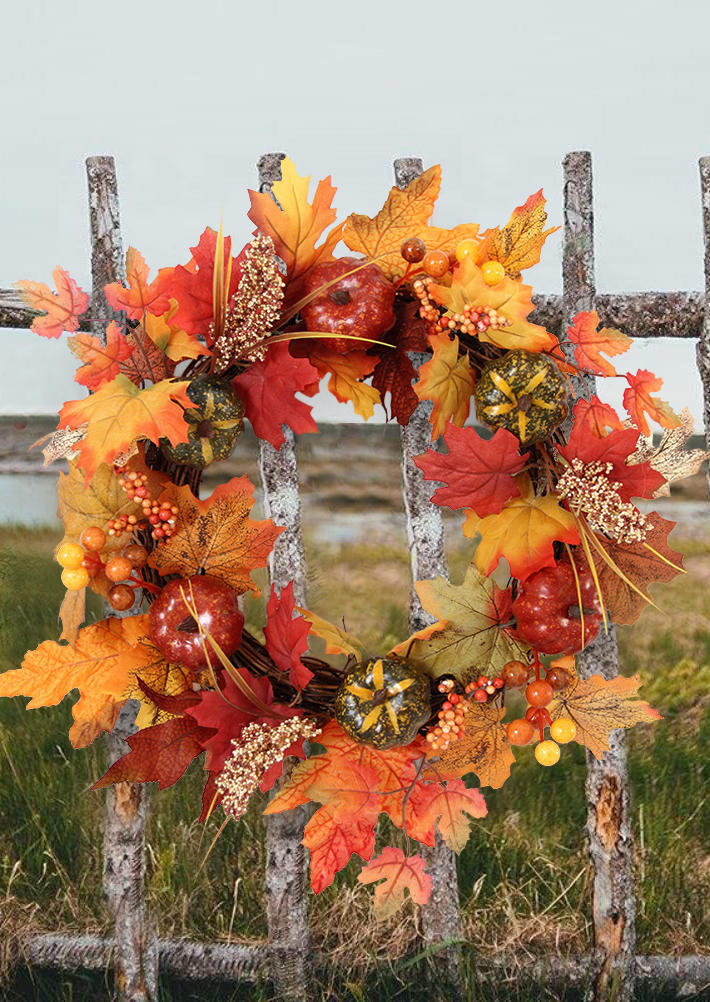 

Thanksgiving Flower Pumpkin Maple Leaf Wreath Decoration in Orange. Size