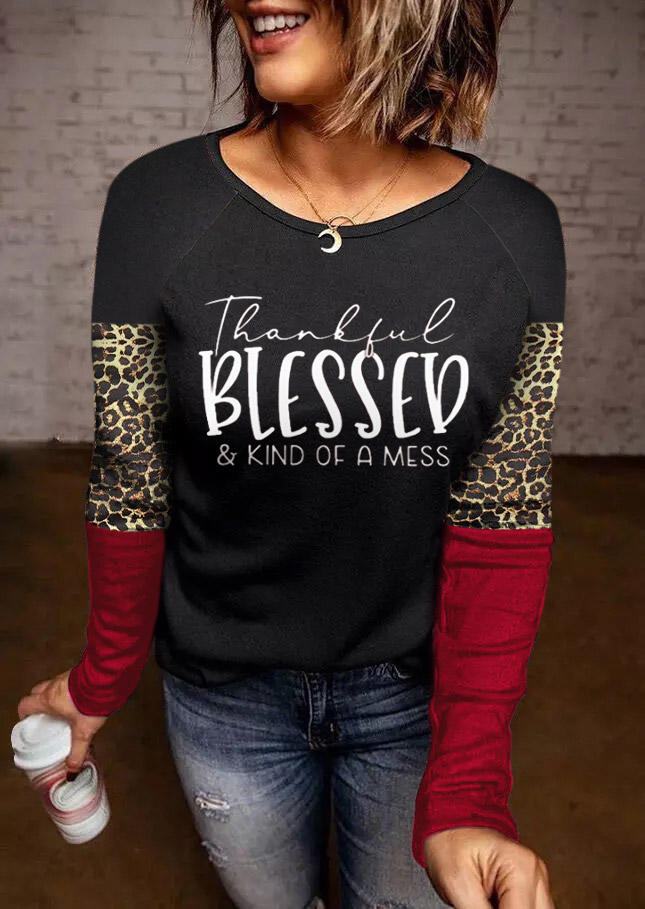 

Blouses Thankful Blessed Leopard Long Sleeve Blouse in Black. Size