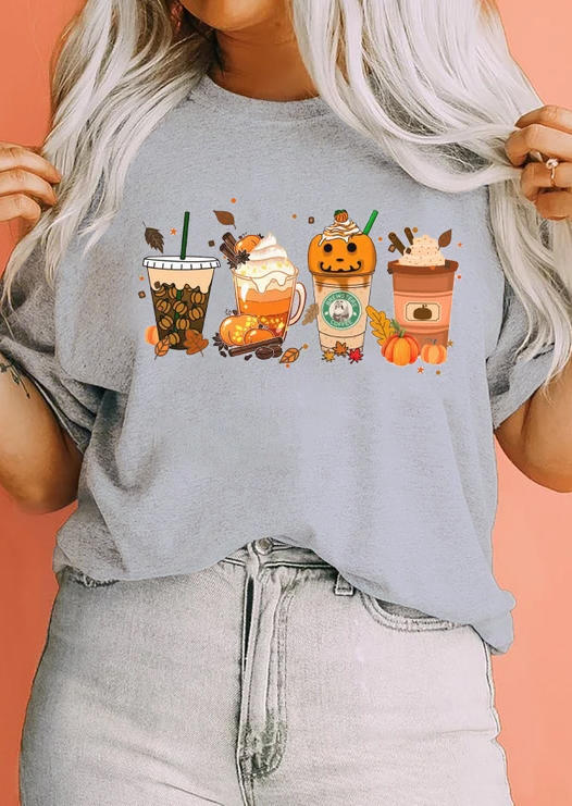 Drink Pumpkin Coffee Leaf T-Shirt Tee - Gray