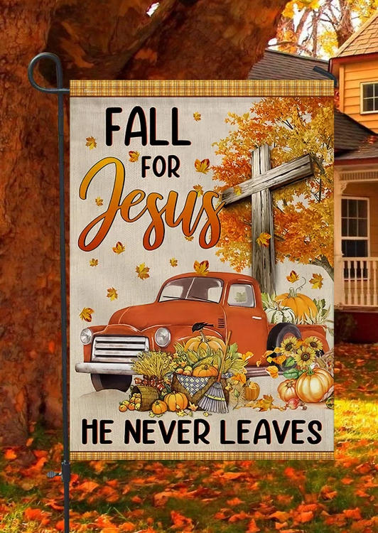 

Fall For Jesus Cross He Never Leaves Pumpkin Hanging Ornament Flag in Multicolor. Size