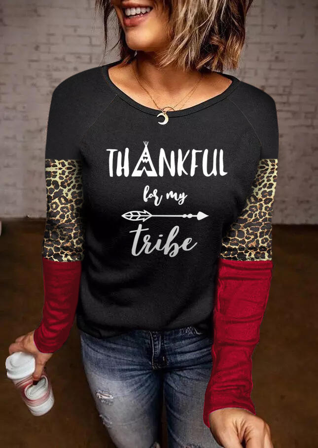 T-shirts Tees Thankful For My Tribe Leopard Color Block T-Shirt Tee in Black. Size: S