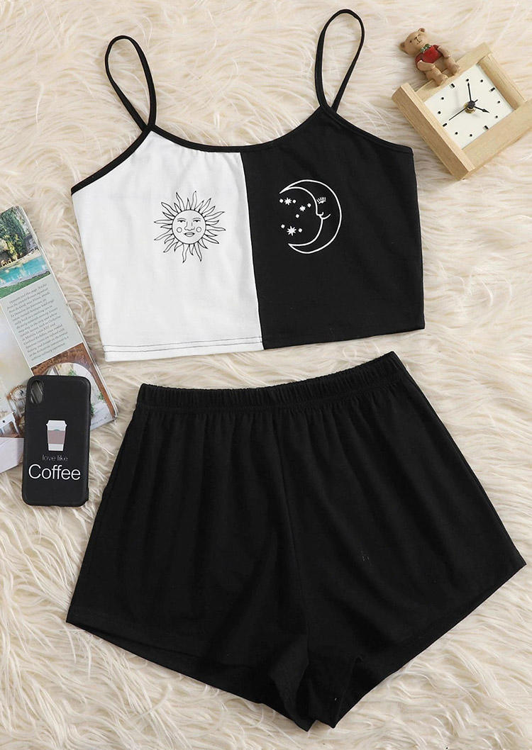 

Sleepwear Sun Moon Color Block Camisole And Shorts Pajamas Set in Black. Size: ,M,L,XL