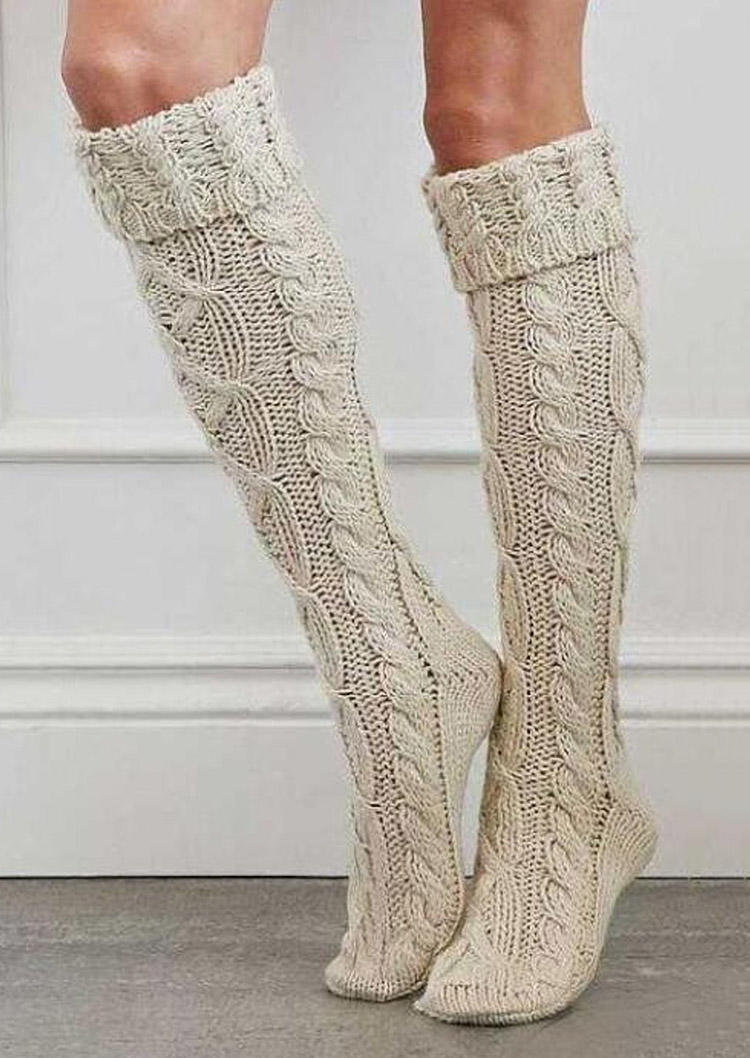 

Knee-High Socks Crochet Knitted Twist Soft Warm Thigh-High Socks in Beige. Size