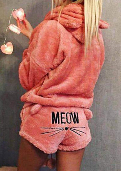

Sleepwear Fuzzy Cat Hoodie And Meow Shorts Pajamas Set in Red. Size