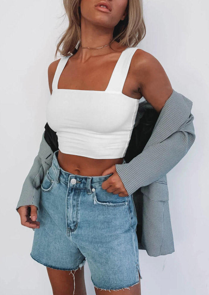 

Crop Tops Sleeveless Thick Strap Crop Tank Top in White. Size