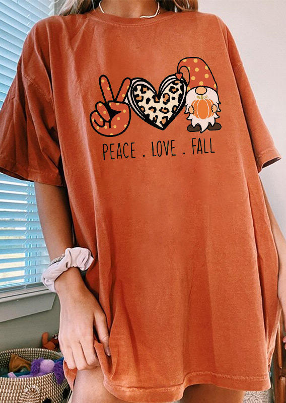 

T-shirts Tees Peace Love Fall Leopard Gnomies T-Shirt Tee in Orange. Size: ,M,L,XL
