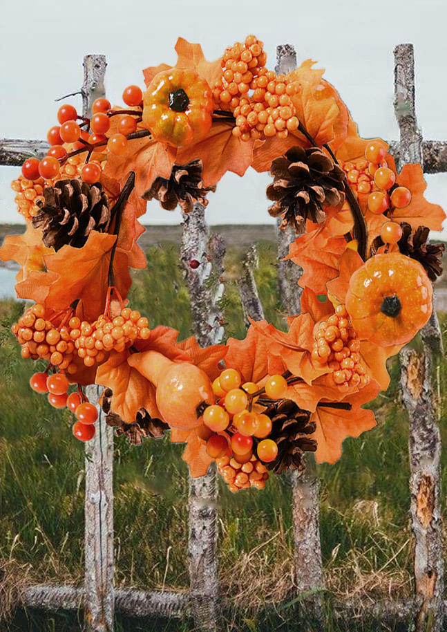 

Thanksgiving Pumpkin Maple Leaf Pine Cone Wreath Decoration in Orange. Size