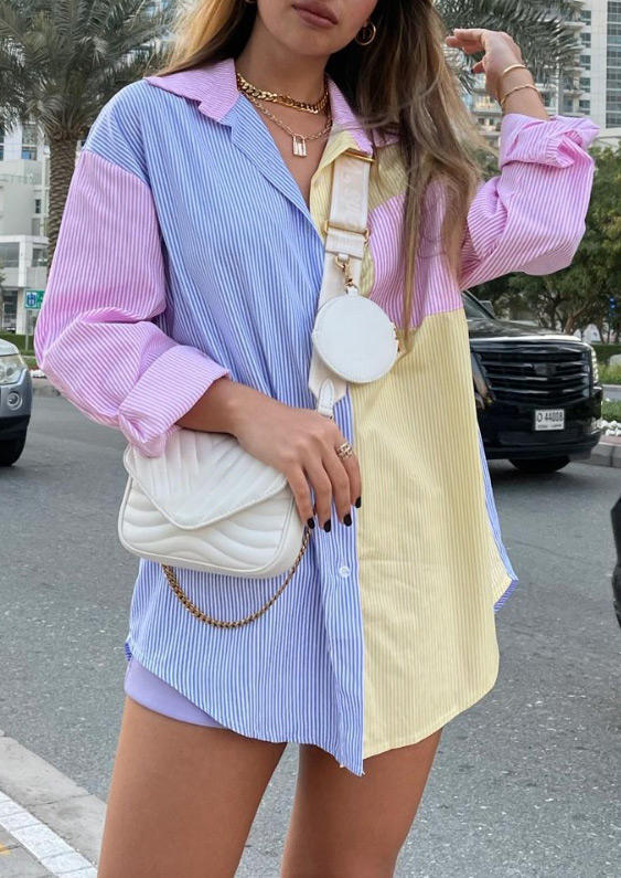 

Shirts Color Block Pocket Long Sleeve Turn-down Collar Shirt in Multicolor. Size: ,M,L