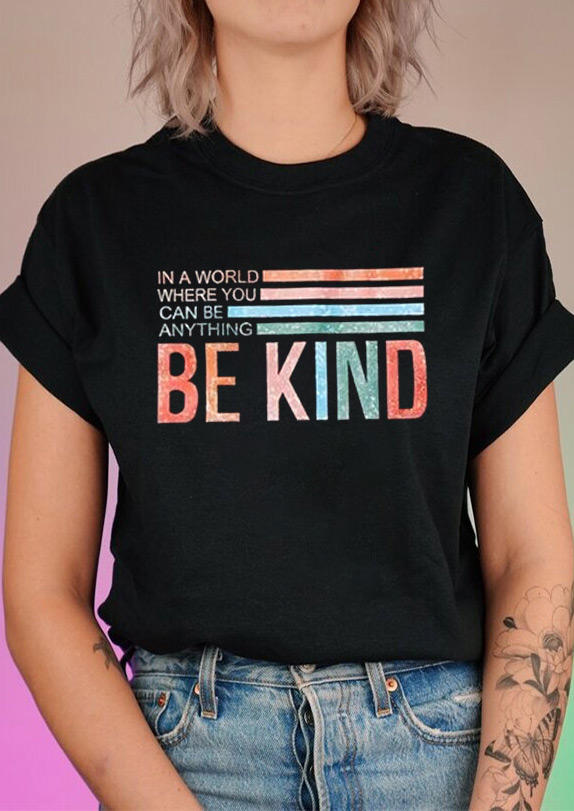 

T-shirts Tees Be Kind Slogan Striped O-Neck T-Shirt Tee in Black. Size: ,M,L,XL