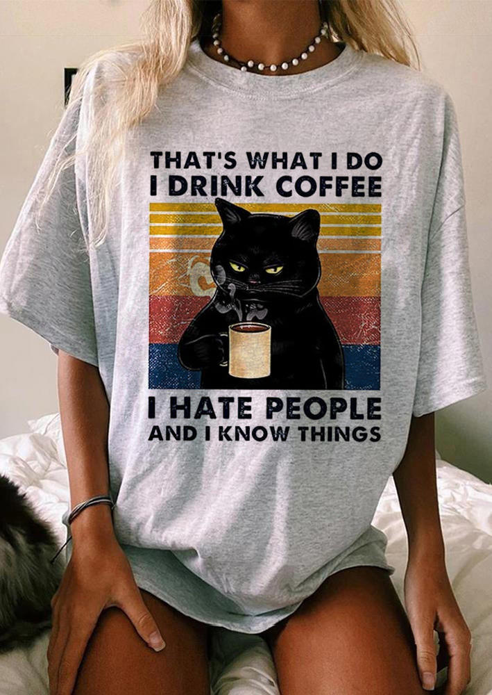 

T-shirts Tees I Drink Coffee I Hate People Cat T-Shirt Tee in Gray. Size: ,M,L,XL