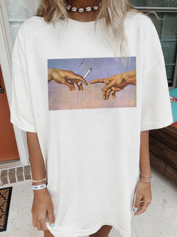 

T-shirts Tees Hand Oil Painting O-Neck T-Shirt Tee in White. Size: ,M,L,XL