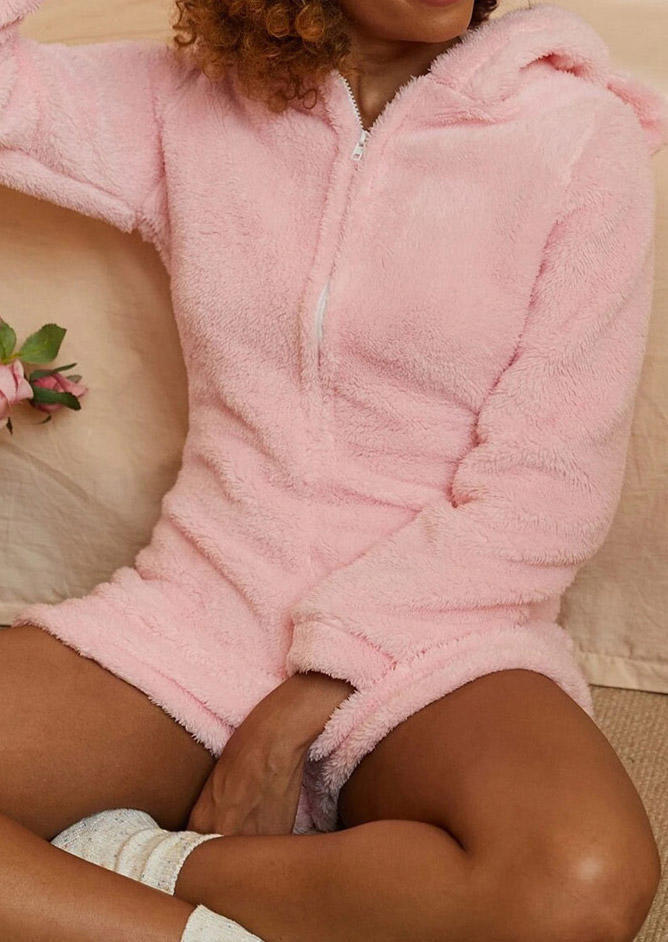 

Sleepwear Fuzzy Zipper Hooded One-Piece Pajamas in Pink. Size
