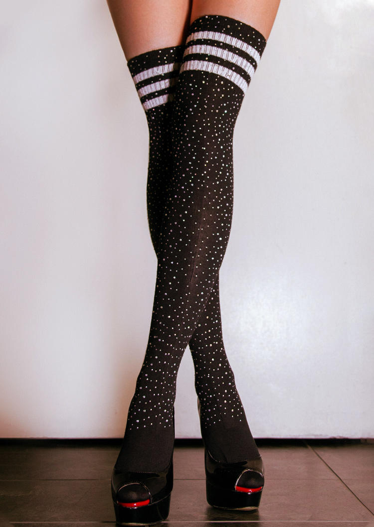 

Knee-High Socks Striped Rhinestone Thigh-High Socks in Black. Size
