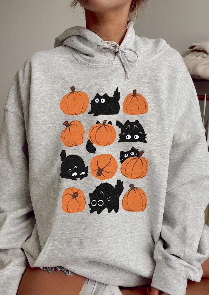 

Hoodies Pumpkin Cat Kangaroo Pocket Long Sleeve Hoodie in Gray. Size