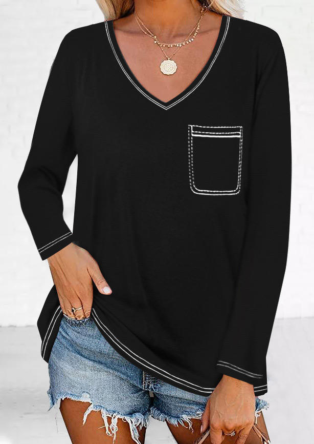 

Blouses V-Neck Long Sleeve Blouse in Black. Size