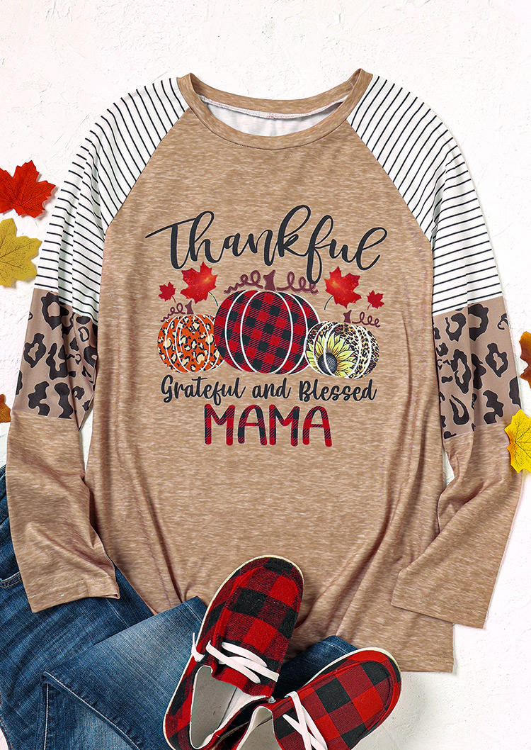T-shirts Tees Thankful Mama Striped Leopard Pumpkin Sunflower T-Shirt Tee in Khaki. Size: XL