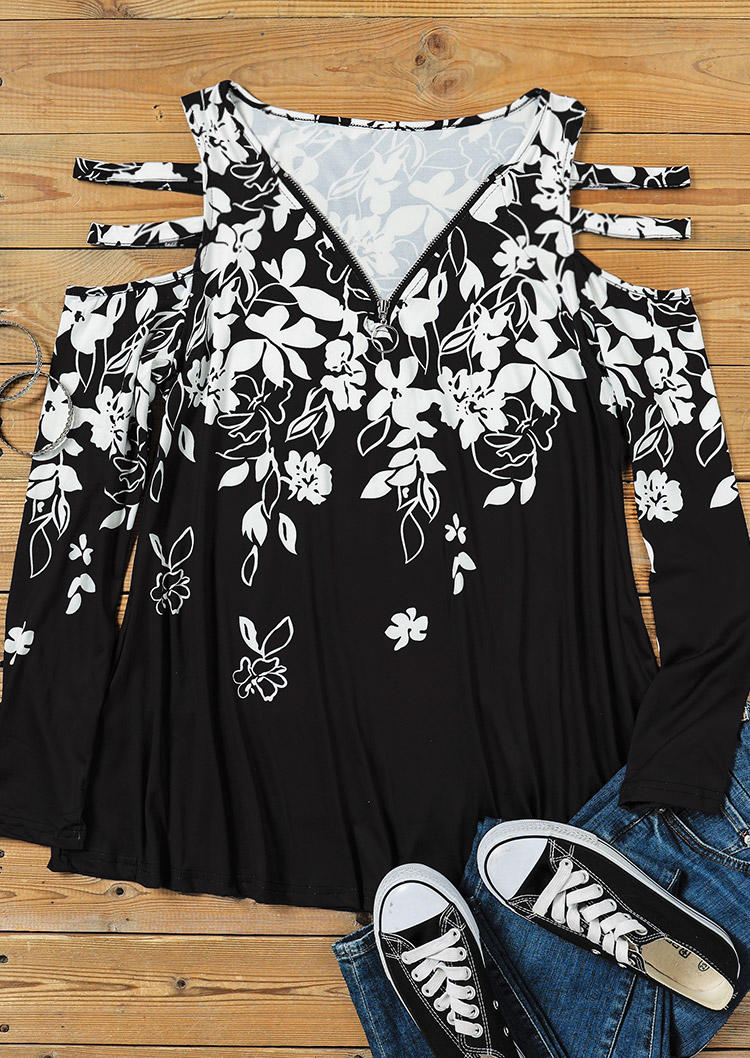 

Blouses Floral Zipper Cold Shoulder Blouse in Black. Size: ,M