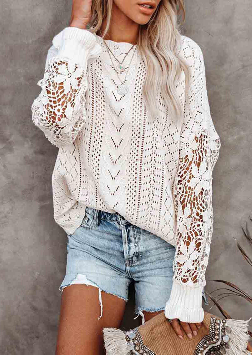 Sweaters Lace Hollow Out Splicing Long Sleeve Sweater in White. Size: XL