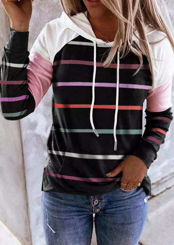 Hoodies Striped Color Block Drawstring Hoodie in Multicolor. Size: M,L,XL